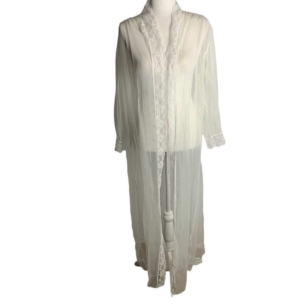 Vintage Chiffon Sheer Lingerie Robe S White Lace Trim Long Sleeve Beaded Bridal